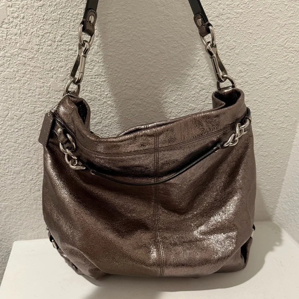 COACH Brooke Large Leather Metallic Gunmetal Silver Hobo Slouchy Bag F16618